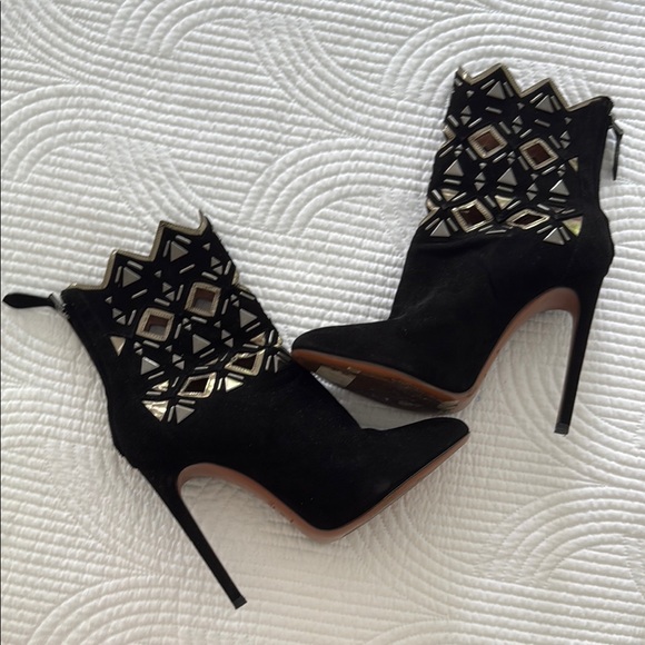 Alaia Shoes - Alaia Black Suede Laser-Cut Embellished Stiletto Ankle Boots